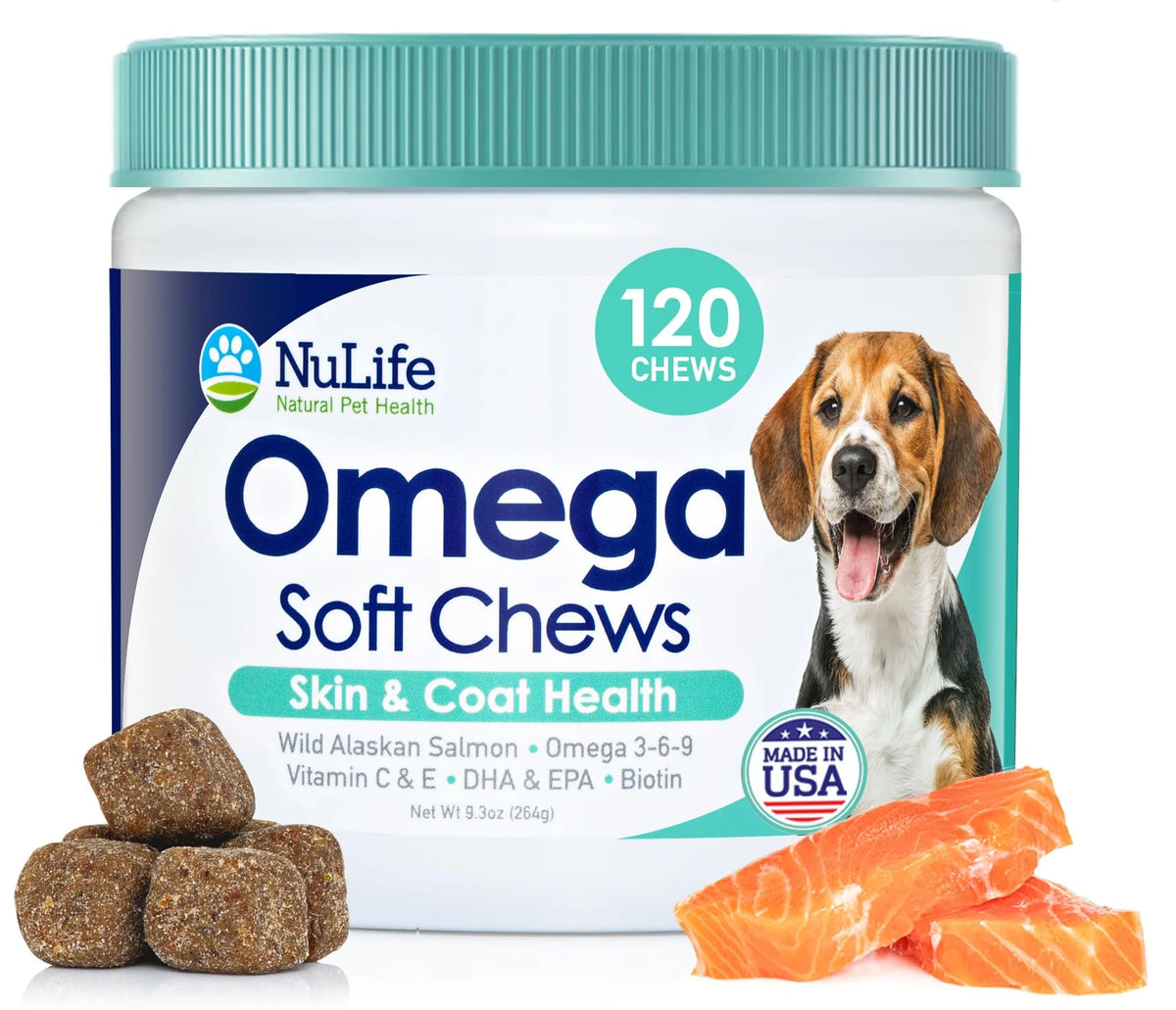 Wild Salmon Dog Chews with Biotin & Vitamin E, Omega 3 6 9, 120 Chews J14280
