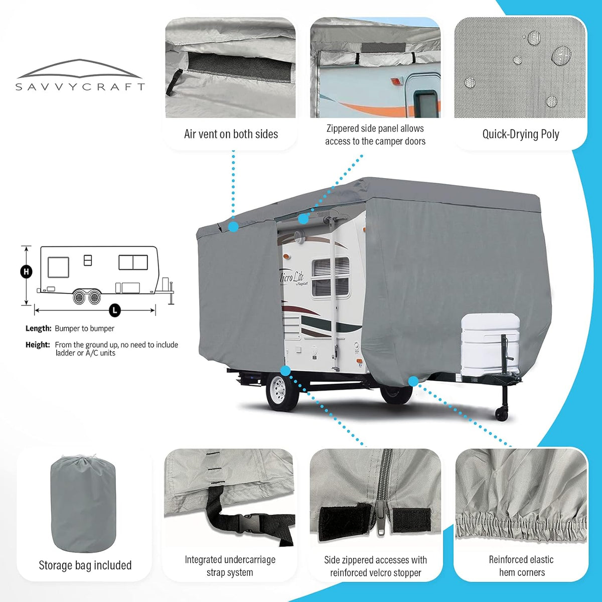 Deluxe Travel Trailer RV Cover Camper Cover with Access Panels Fits 9'-10'L T1429
