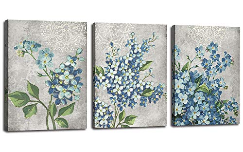 Blue Flowers Canvas Wall Art 12"x16"x3 Panels A463