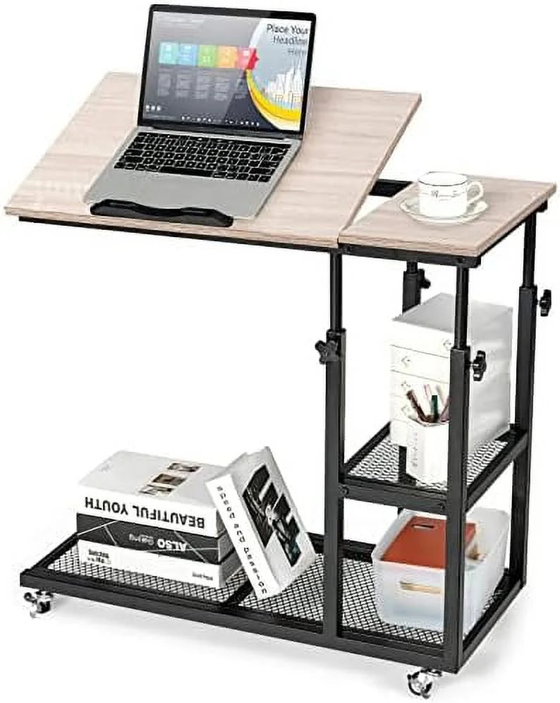 Height Adjustable C Shaped End Table with Wheels and Shelves P5454