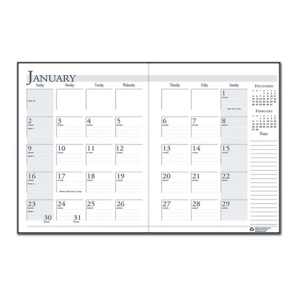 Recycled Ruled 14-Month Planner with Leatherette Cover, Black T806298