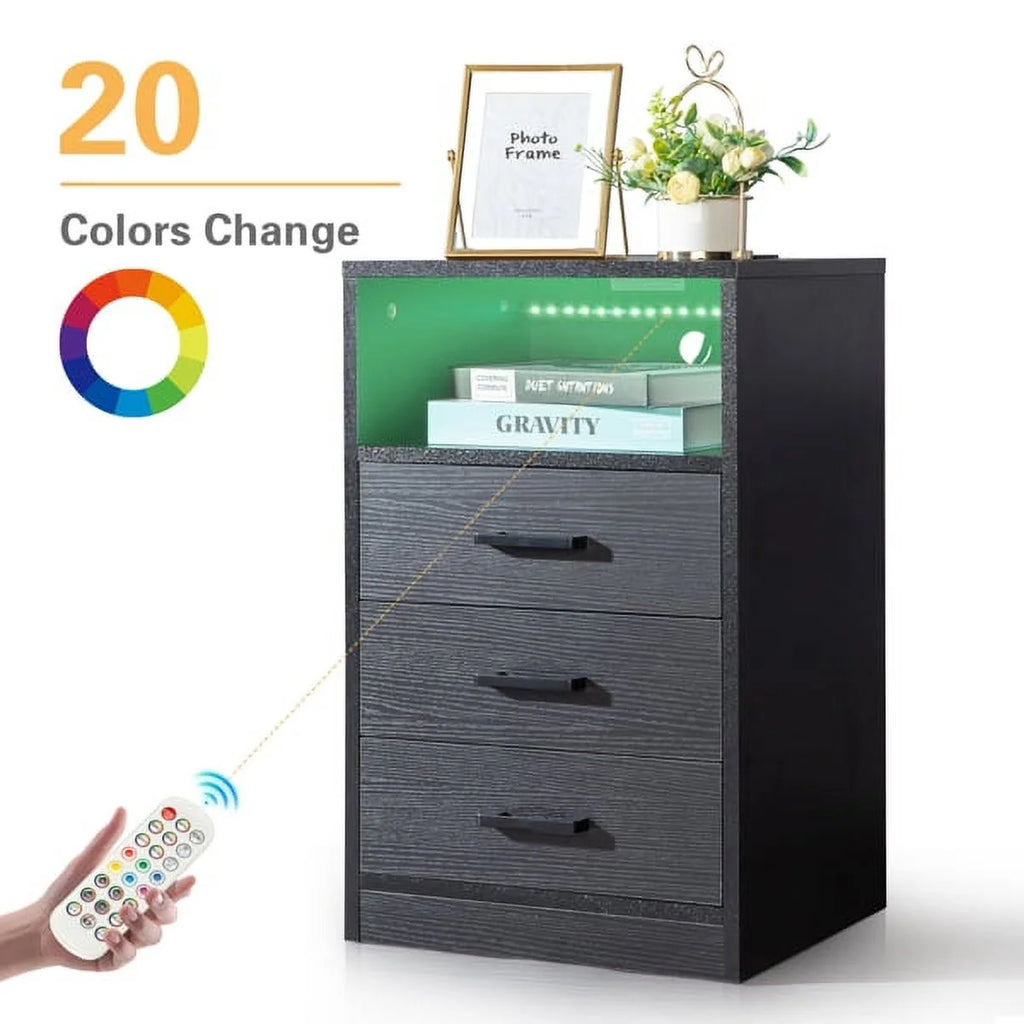 Black Nightstand with Charging Station and 3 Drawers Y2926