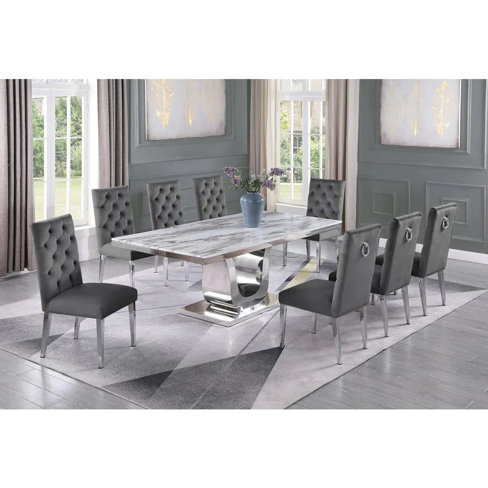 Stainless Steel 9 Piece Dining Set with Marble Table and Gray Chairs Z25935