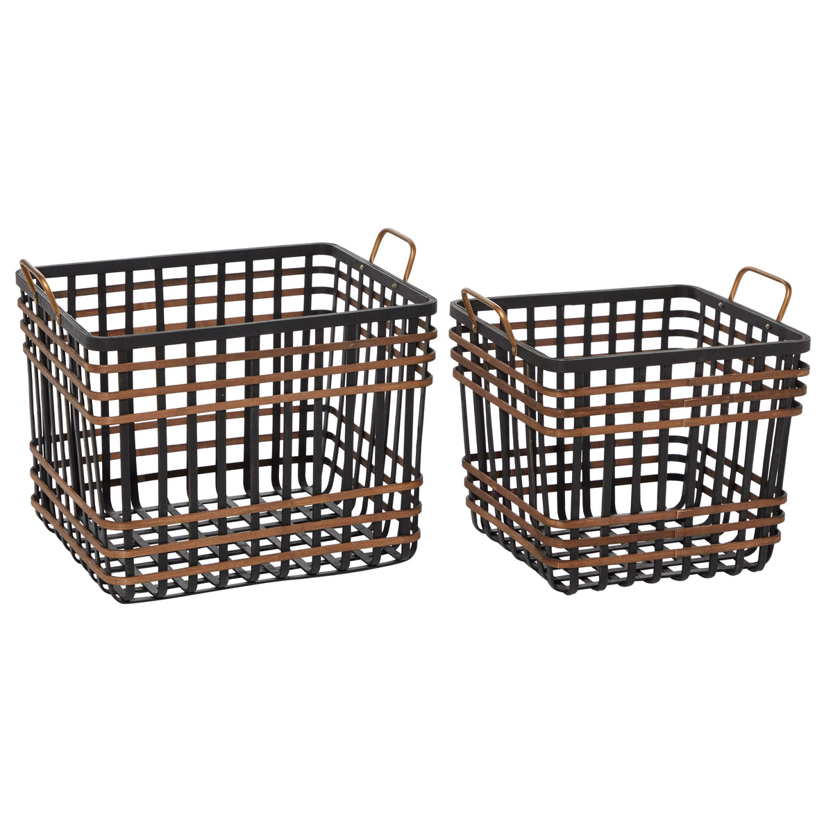 Black Bamboo and Antique Gold Metal Basket with Handles, Set of 2 V87196