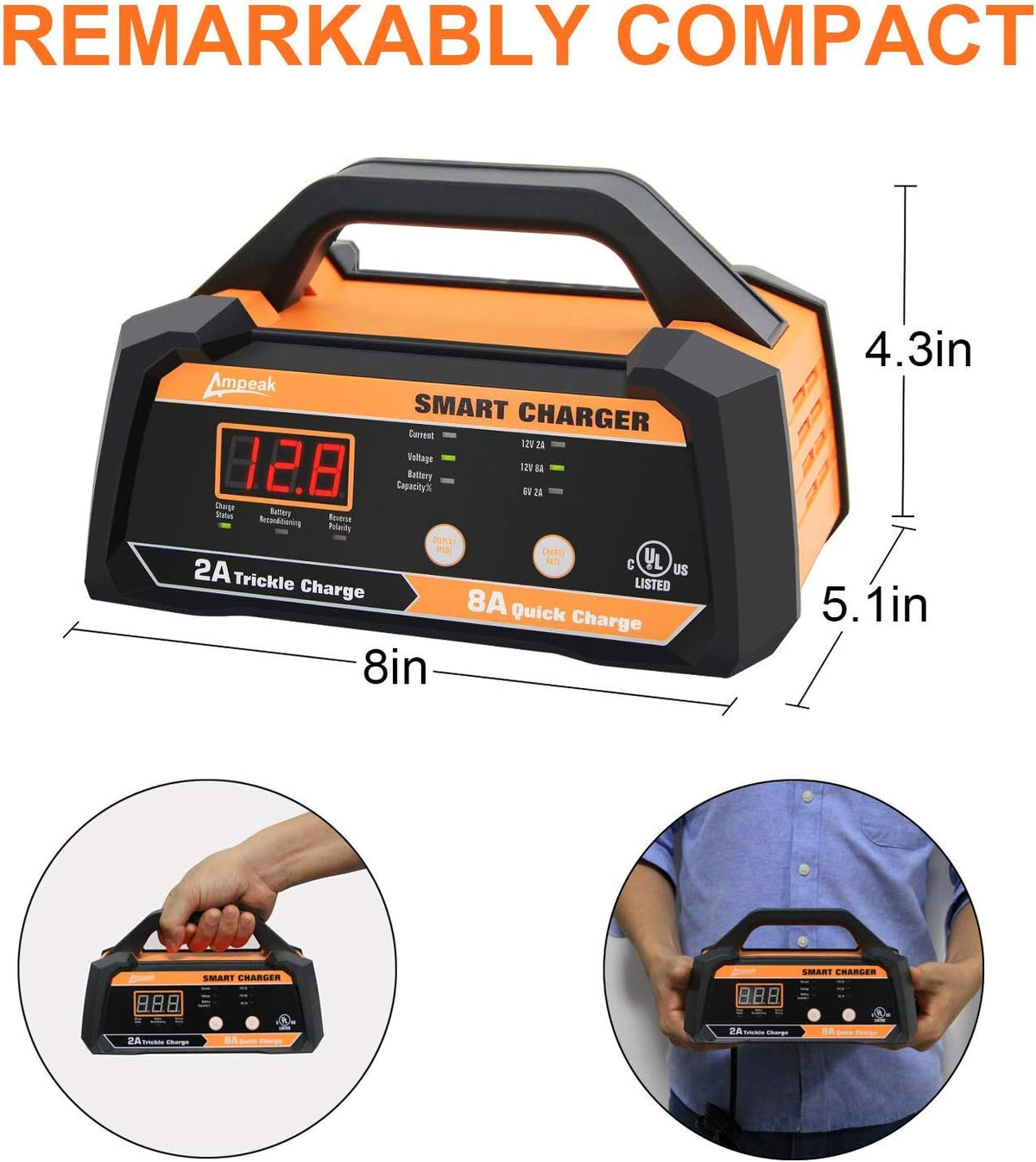 6V 12V Smart Car Battery Charger and Maintainer 2A 8A with Cable Clamps L44341