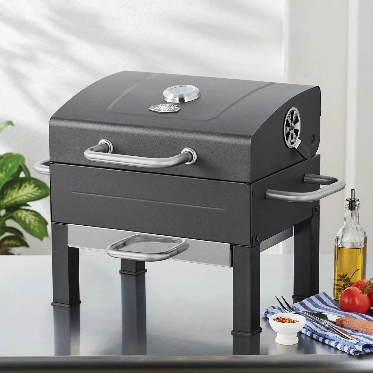 Portable Charcoal Grill, Black and Stainless Steel H1756