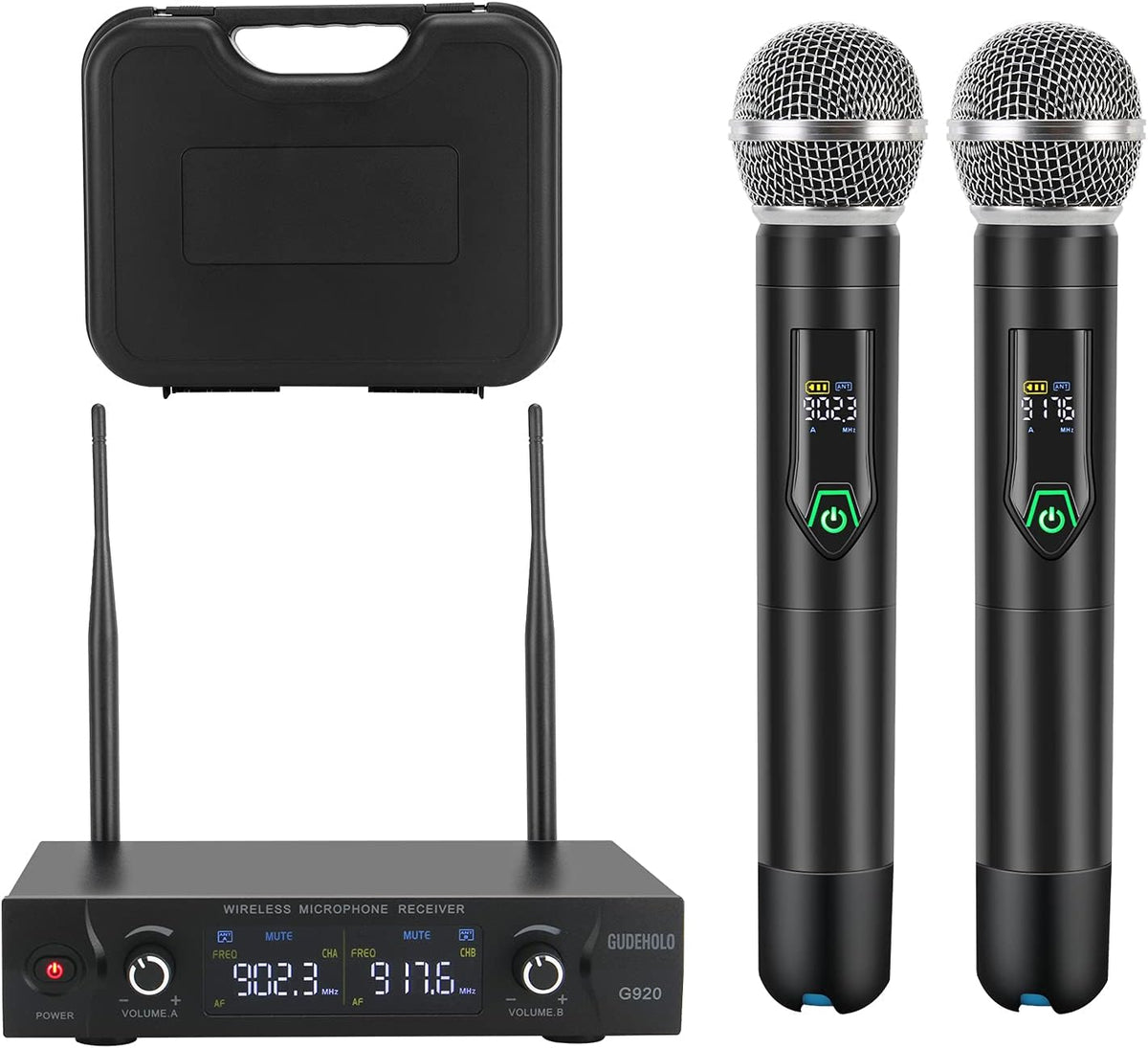Wireless Microphone System with Case Metal UHF Dual Handheld 20 Channels Black T93230