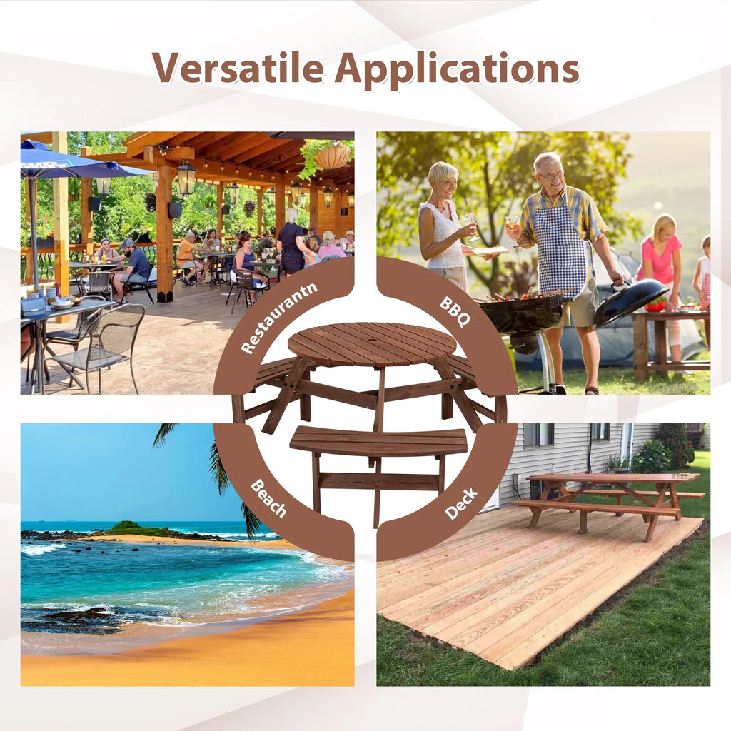 6-Person Circular Wooden Picnic Table with 3 Built-in Benches R893