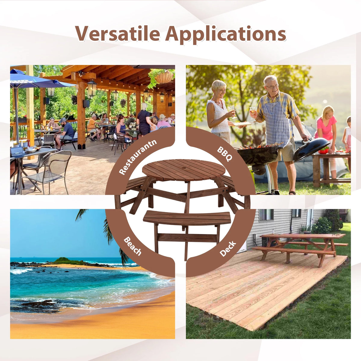 6-Person Circular Wooden Picnic Table with 3 Built-in Benches R893