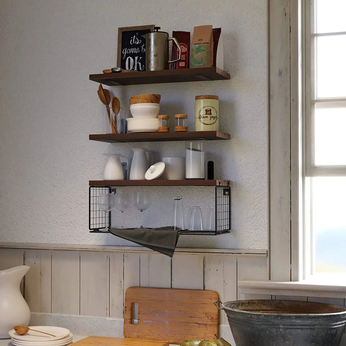 Floating Shelves Wall Mounted Rustic Wood Bathroom Shelves with Paper Storage Basket D32136