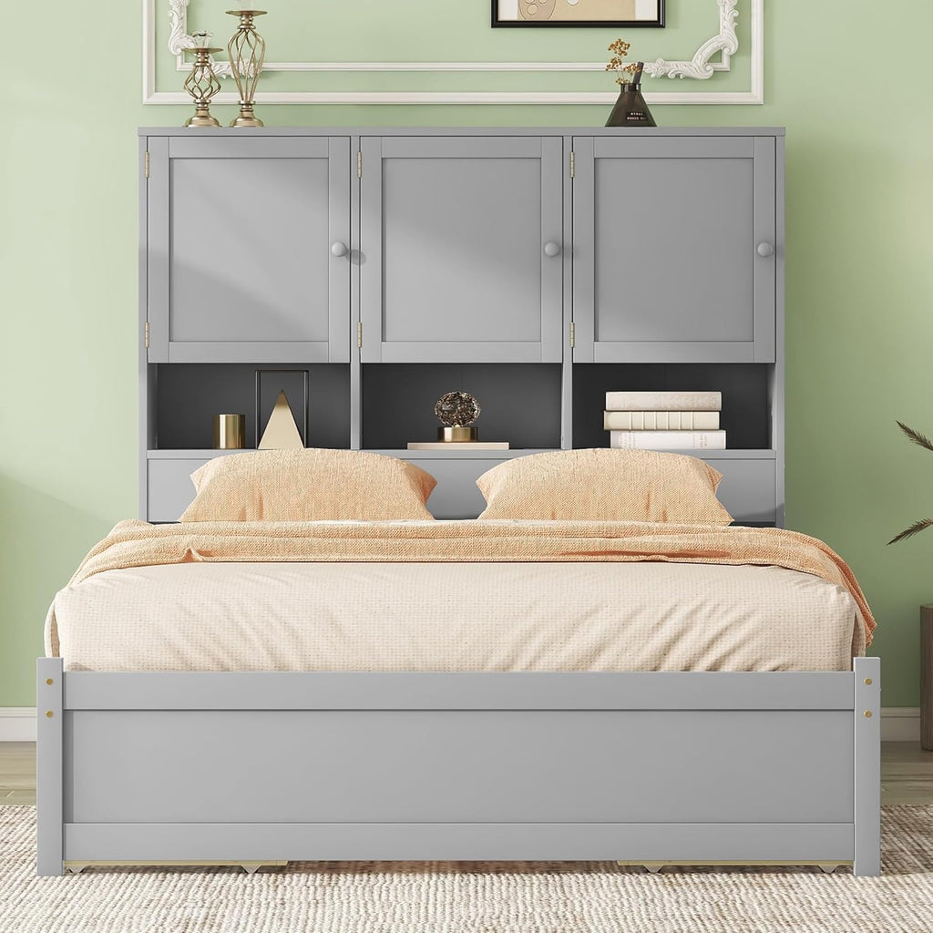 Gray Queen Size Wooden Platform Bedframe with Storage Headboard and 4 Drawers I3311