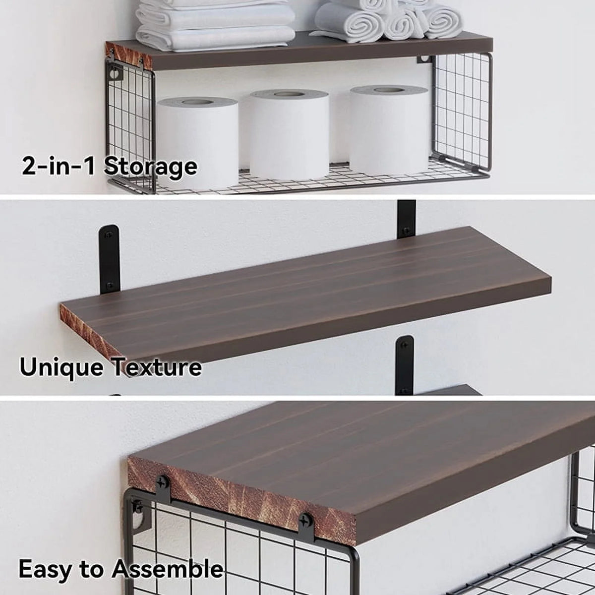Floating Shelves Wall Mounted Rustic Wood Bathroom Shelves with Paper Storage Basket D32136