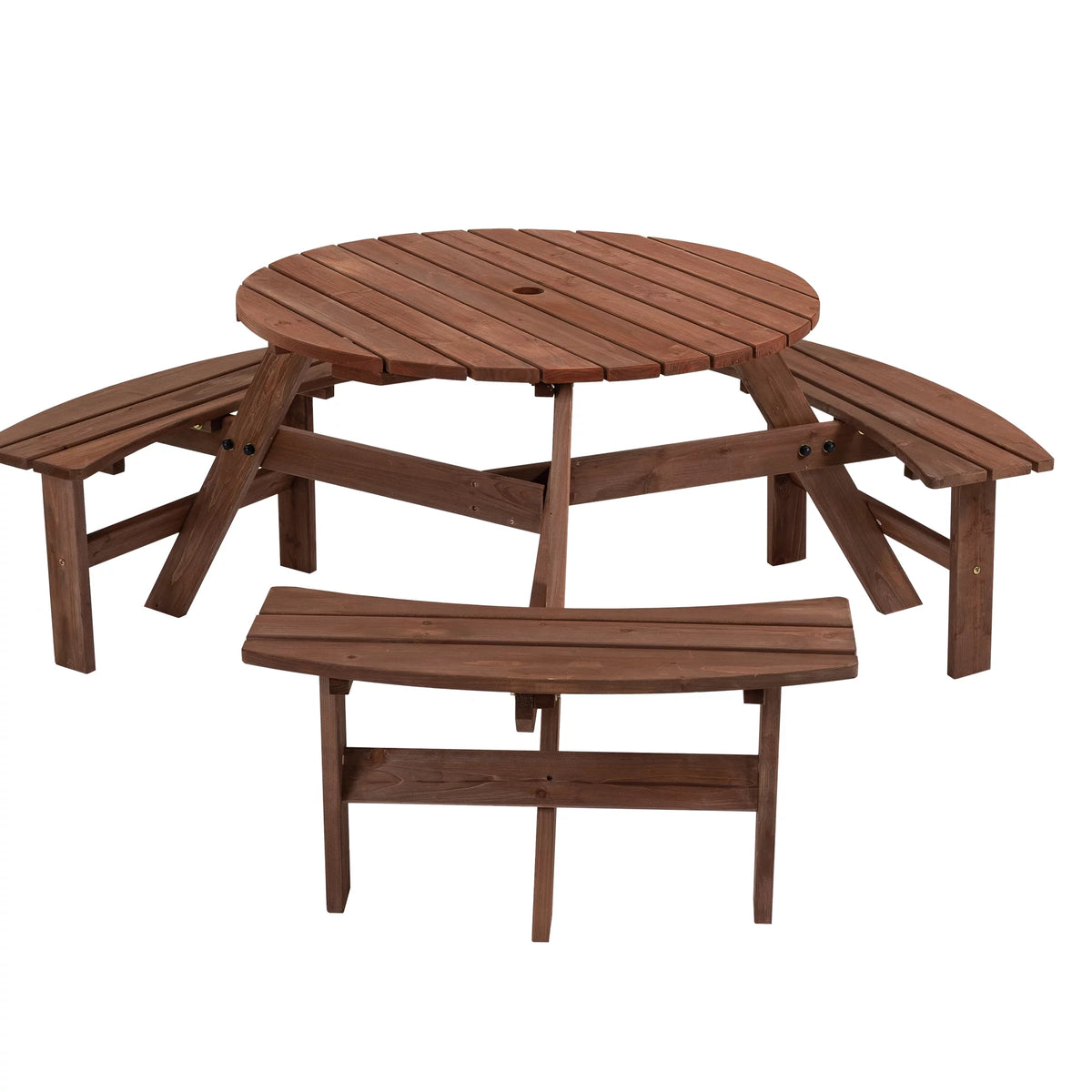 6-Person Circular Wooden Picnic Table with 3 Built-in Benches R893