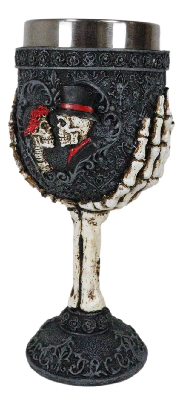 Gothic Day Of The Dead Skeleton Skull Bride And Groom Black Roses Wine Goblet I217