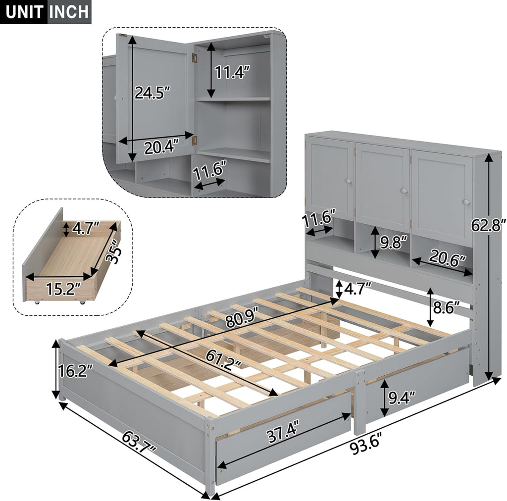Gray Queen Size Wooden Platform Bedframe with Storage Headboard and 4 Drawers I3311
