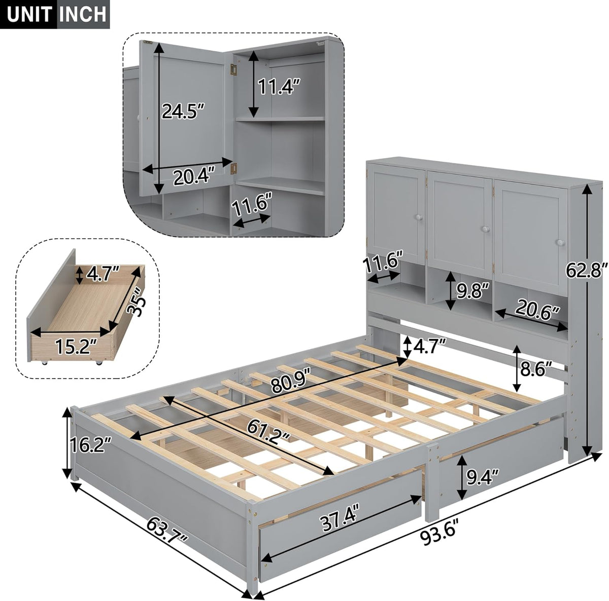 Gray Queen Size Wooden Platform Bedframe with Storage Headboard and 4 Drawers I3311