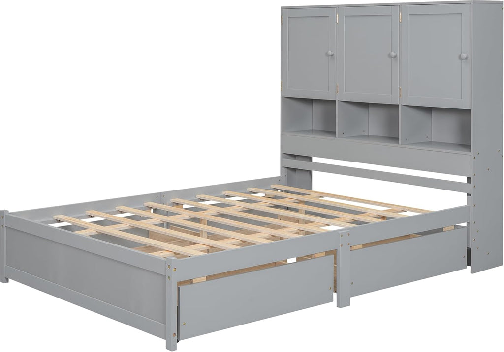 Gray Queen Size Wooden Platform Bedframe with Storage Headboard and 4 Drawers I3311