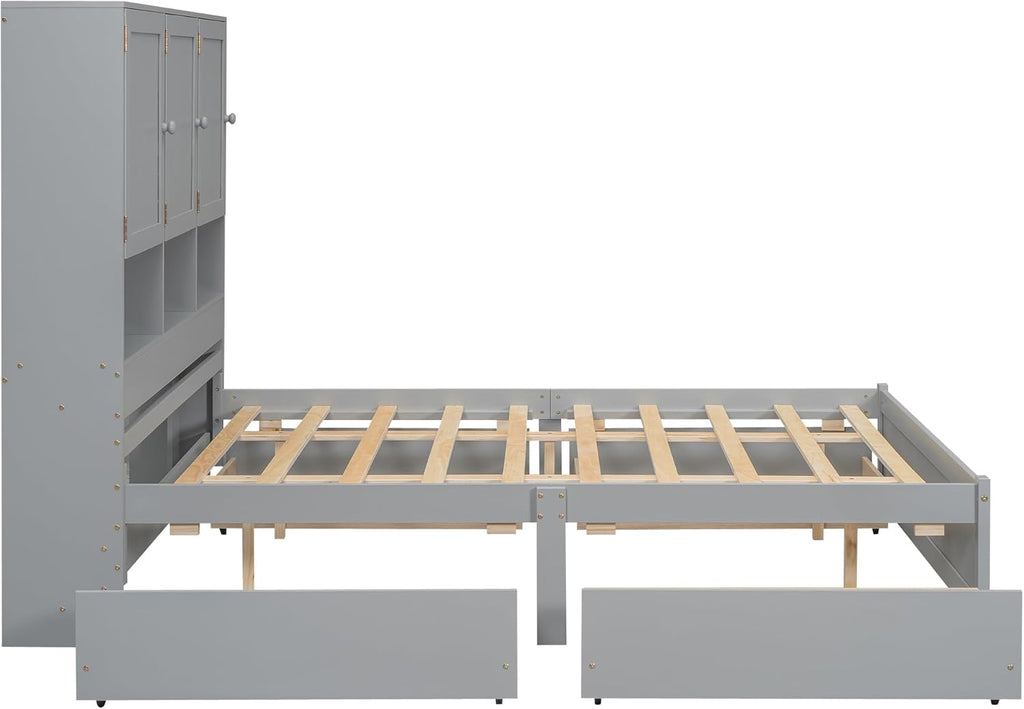 Gray Queen Size Wooden Platform Bedframe with Storage Headboard and 4 Drawers I3311