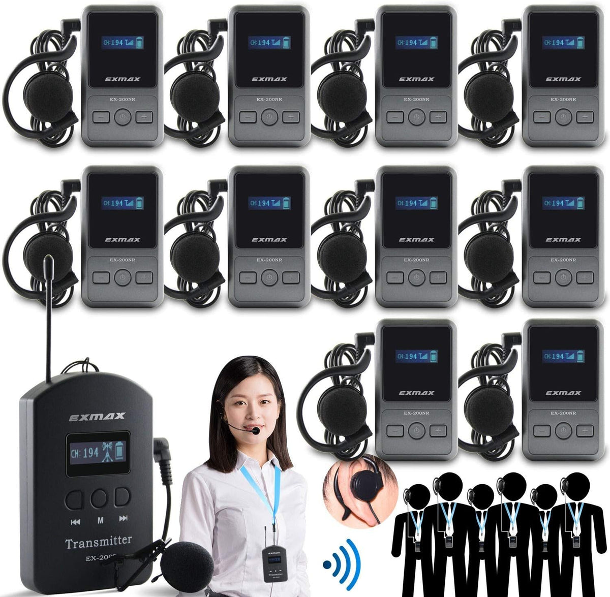 UHF Wireless Tour Guide Audio Transmission Set, 200 Channels, 1 Transmitter & 10 Receivers E50888