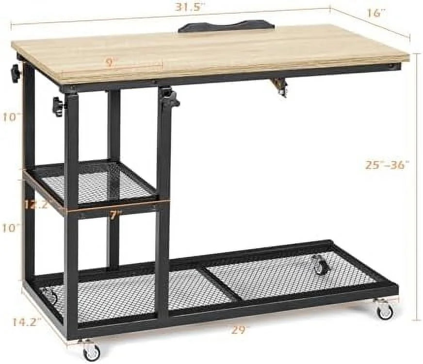 Height Adjustable C Shaped End Table with Wheels and Shelves P5454