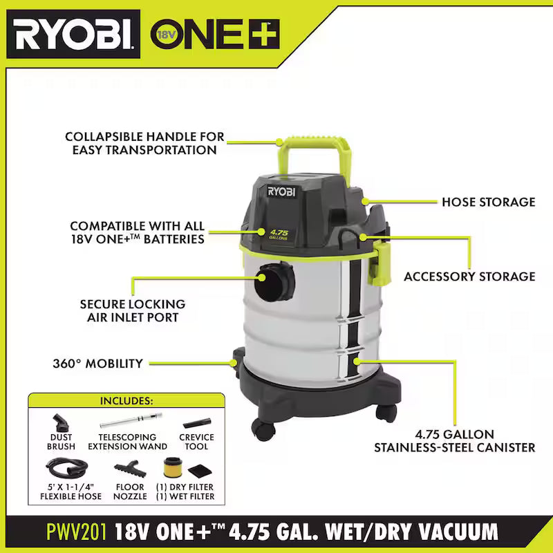 18V Cordless 4.75 Gallon Wet/Dry Vacuum Q1287