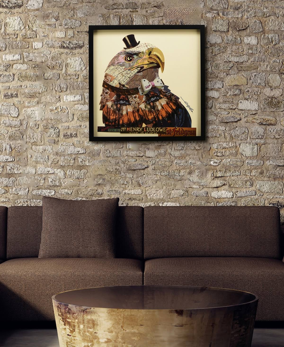 Hand Made Signed Art Collage Under Tempered Glass in Black Frame M268