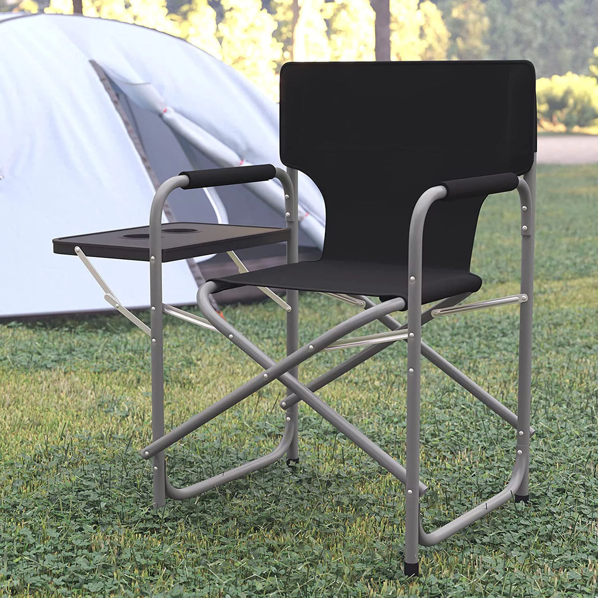 Black Folding Camping Chair with Side Table and Cup Holder K77602