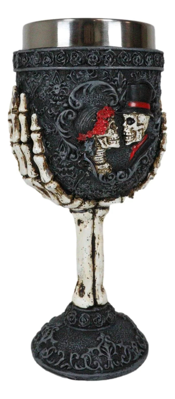 Gothic Day Of The Dead Skeleton Skull Bride And Groom Black Roses Wine Goblet I217