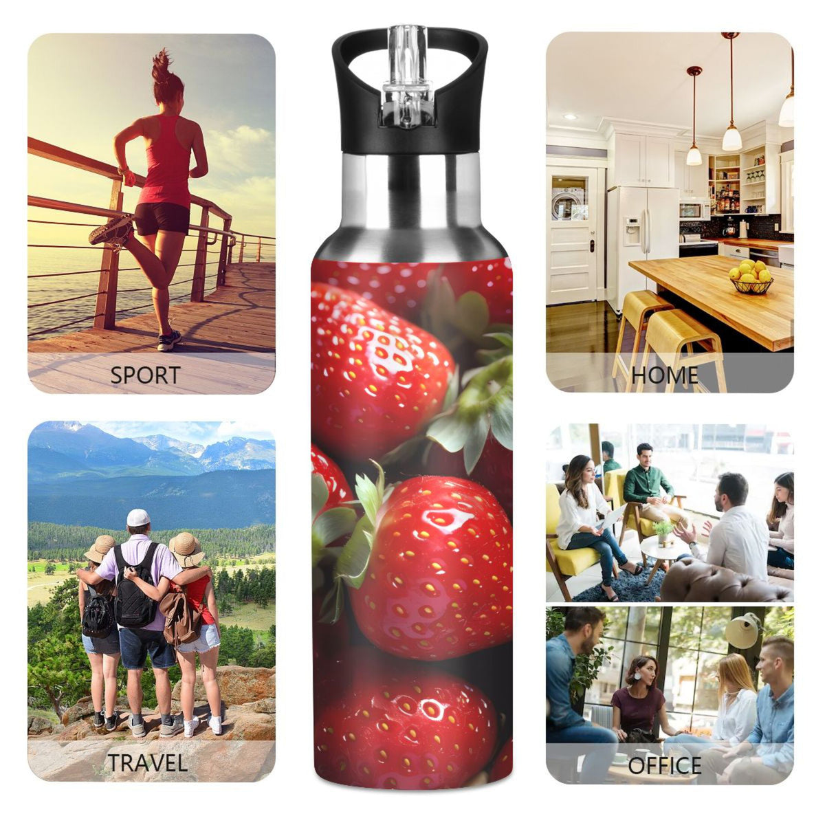 Strawberries Stainless Steel Insulated Water Bottle with Straw Lid X776