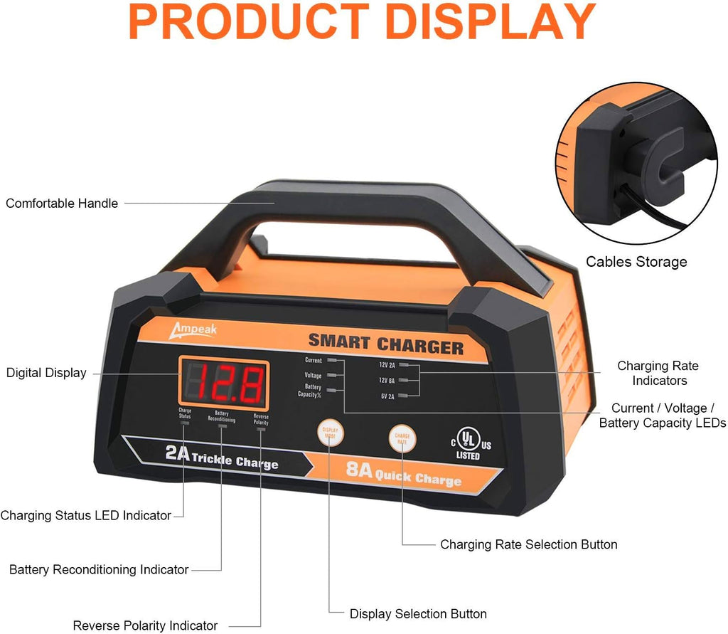 6V 12V Smart Car Battery Charger and Maintainer 2A 8A with Cable Clamps L44341
