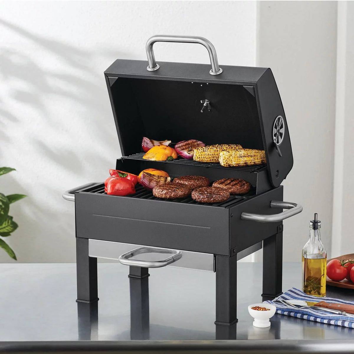 Portable Charcoal Grill, Black and Stainless Steel H1756