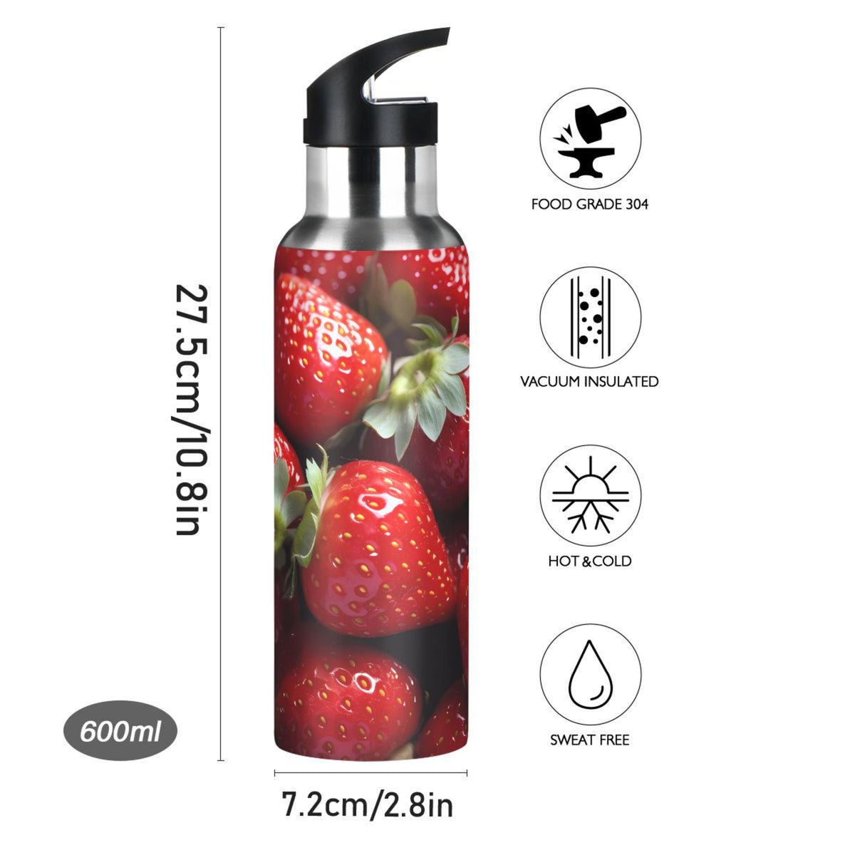 Strawberries Stainless Steel Insulated Water Bottle with Straw Lid X776