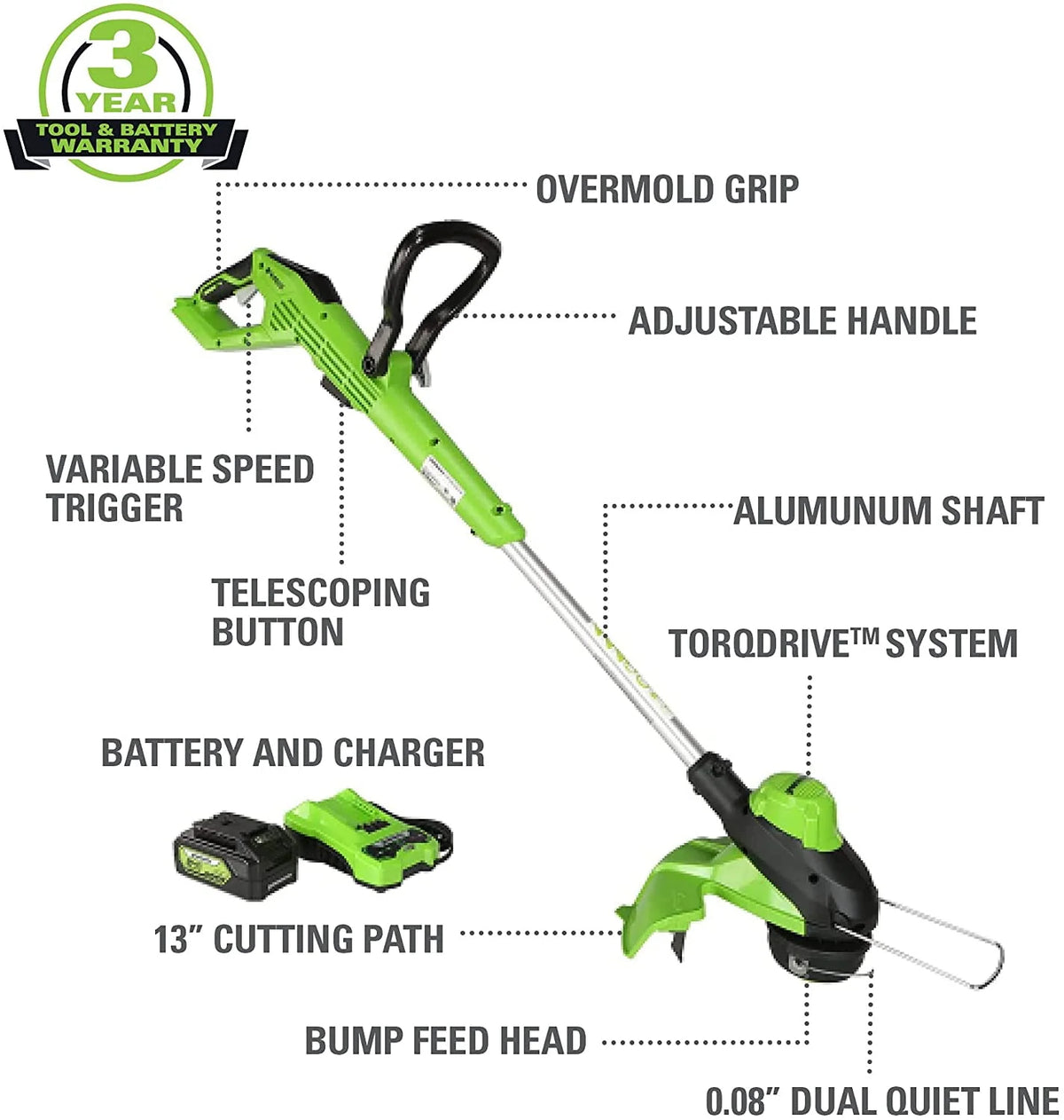 24V 13 Brushless String Trimmer with 4Ah Battery and Charger Q673