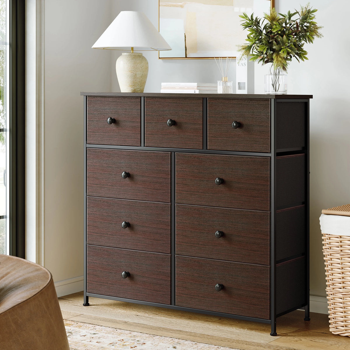 9 Drawer Fabric Dresser with Leather Finish K1279