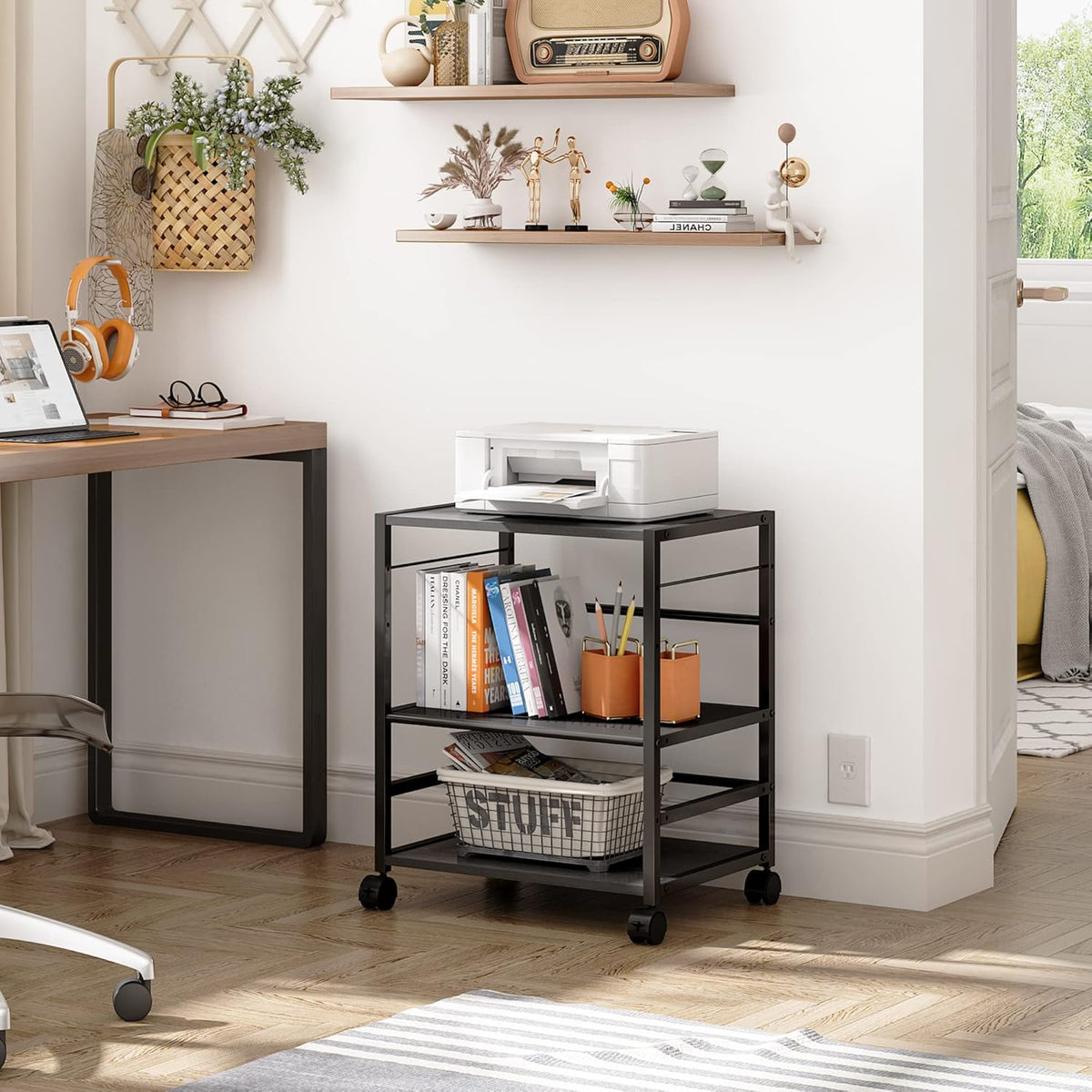 Black Mobile 3-Shelf Printer Stand with Adjustable Shelves Z5271