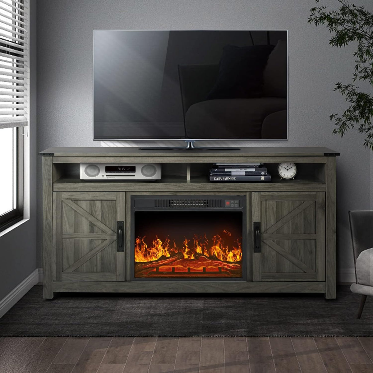 Farmhouse Barn Door TV Stand with 2 Storage Cabinets and Open Shelves C833