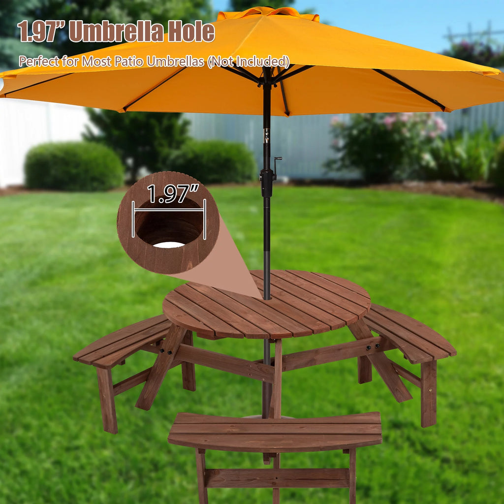 6-Person Circular Wooden Picnic Table with 3 Built-in Benches R893