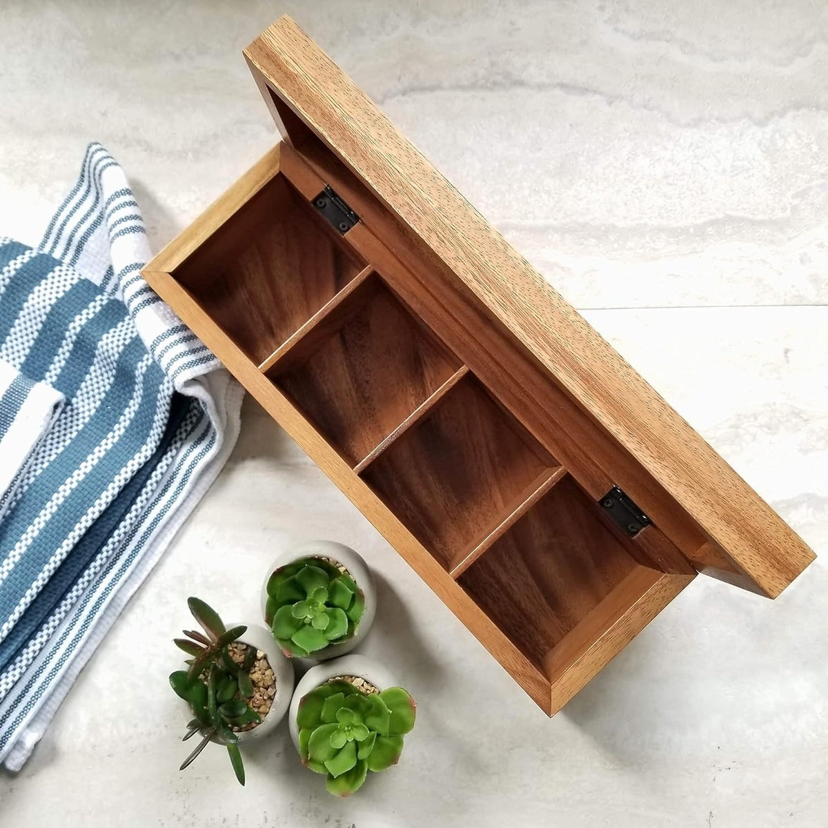 Acacia Wood Tea Box with 4 Sections T457900