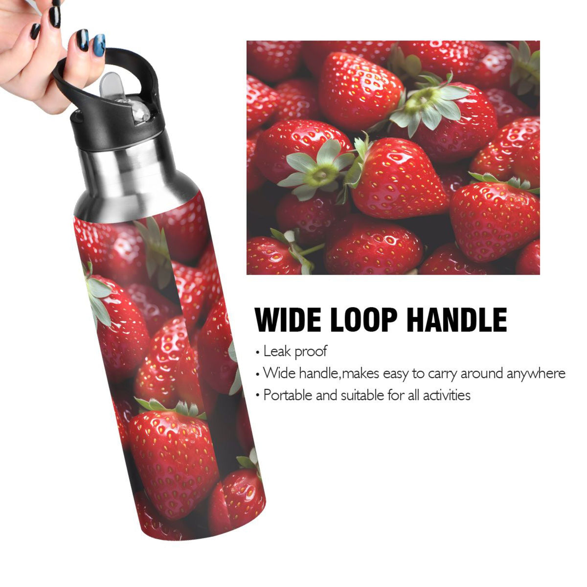Strawberries Stainless Steel Insulated Water Bottle with Straw Lid X776