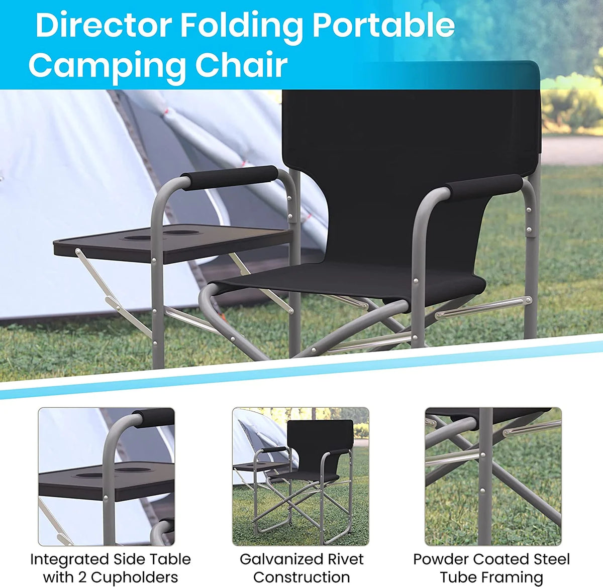 Black Folding Camping Chair with Side Table and Cup Holder K77602