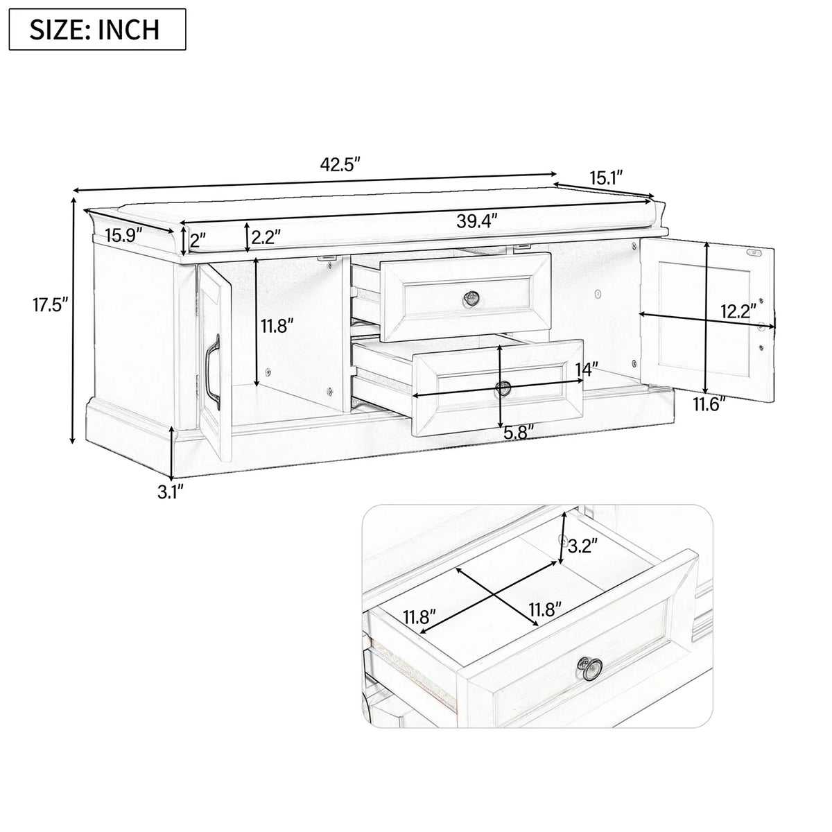 Wooden Storage Bench with 2 Drawers and 2 Cabinets M161