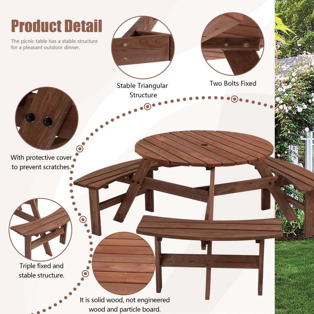 6-Person Circular Wooden Picnic Table with 3 Built-in Benches R893
