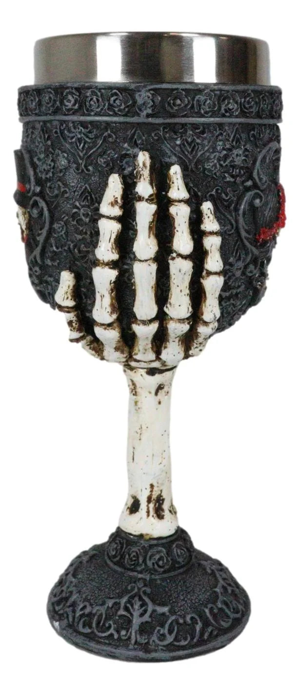 Gothic Day Of The Dead Skeleton Skull Bride And Groom Black Roses Wine Goblet I217