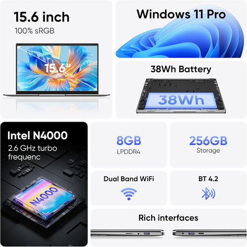 15.6" Windows 11 Pro Laptop, 8GB RAM 256GB Storage, Intel Celeron N4000, Silver F73293