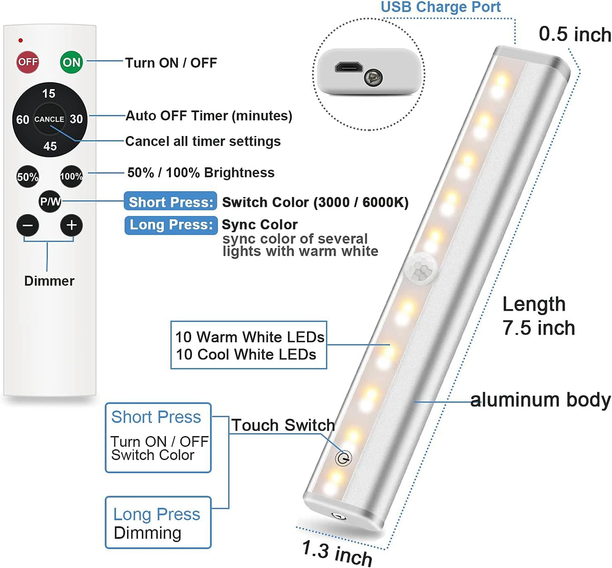 Rechargeable Touch Lights with Timer Dimmer 3 Colors H2198