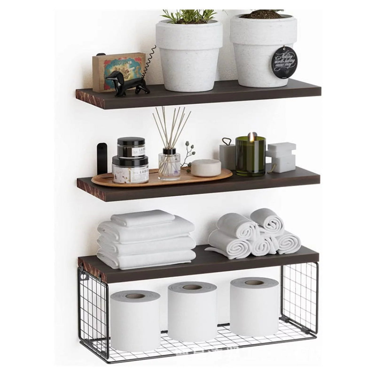 Floating Shelves Wall Mounted Rustic Wood Bathroom Shelves with Paper Storage Basket D32136