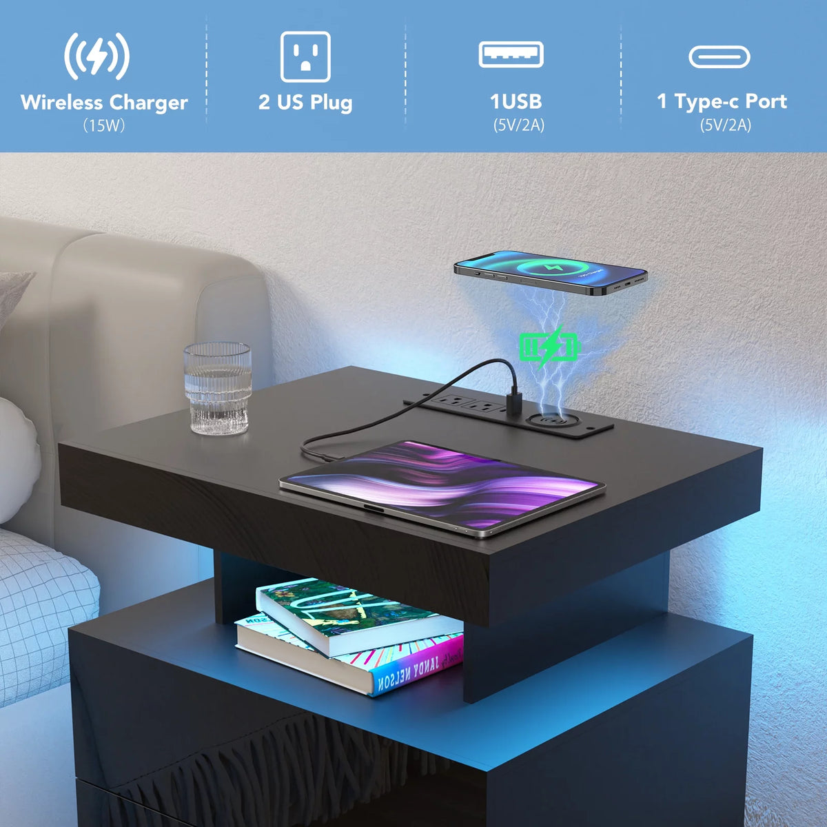 Black 2 Drawer LED Nightstand with Charging Station P171
