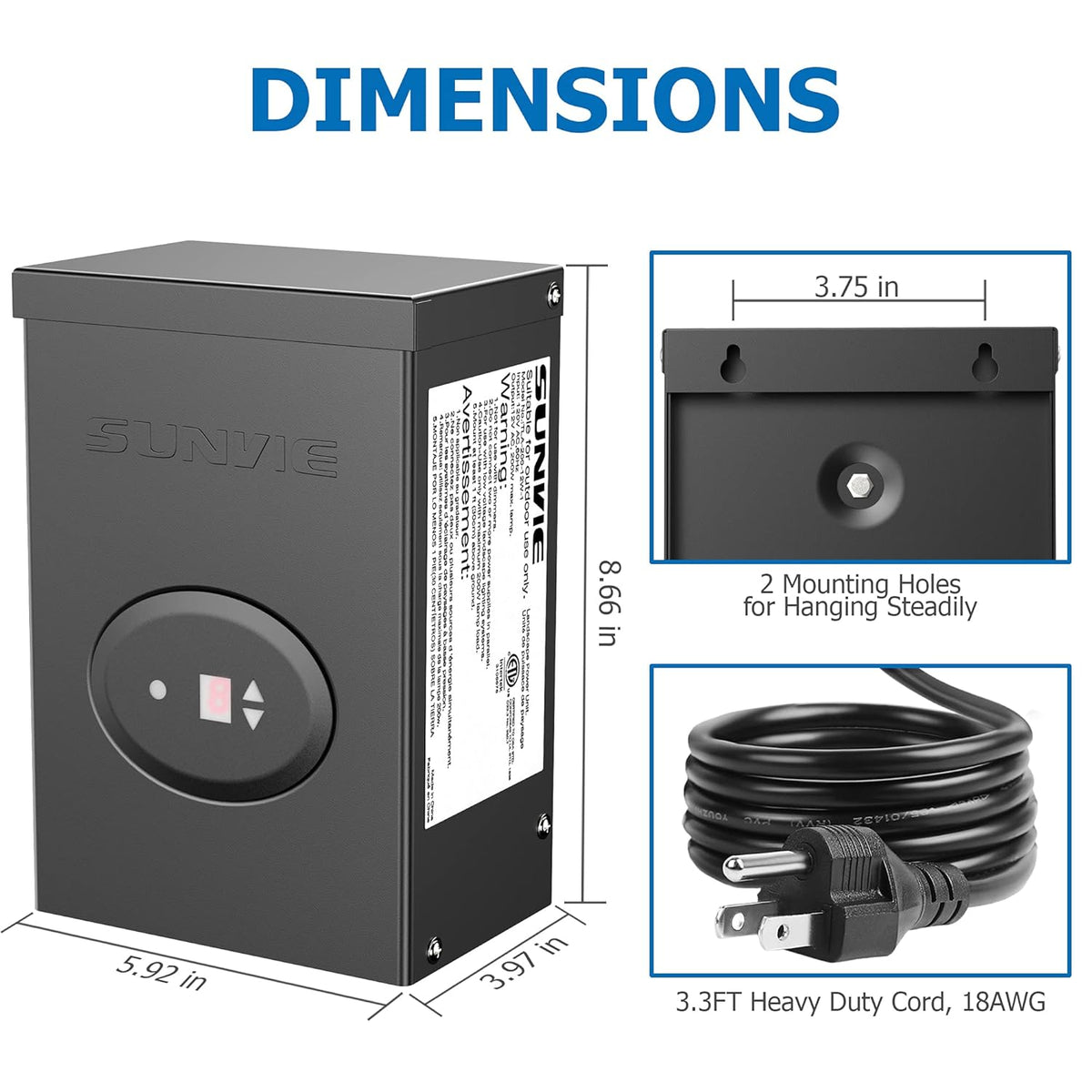 200W Low Voltage Landscape Lighting Transformer with Timer and Photocell Sensor B989