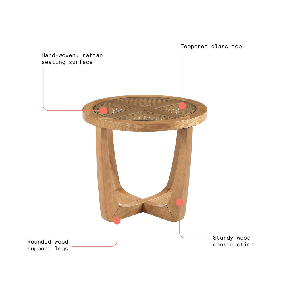 Rattan & Glass Side Table with Solid Wood Frame B33224