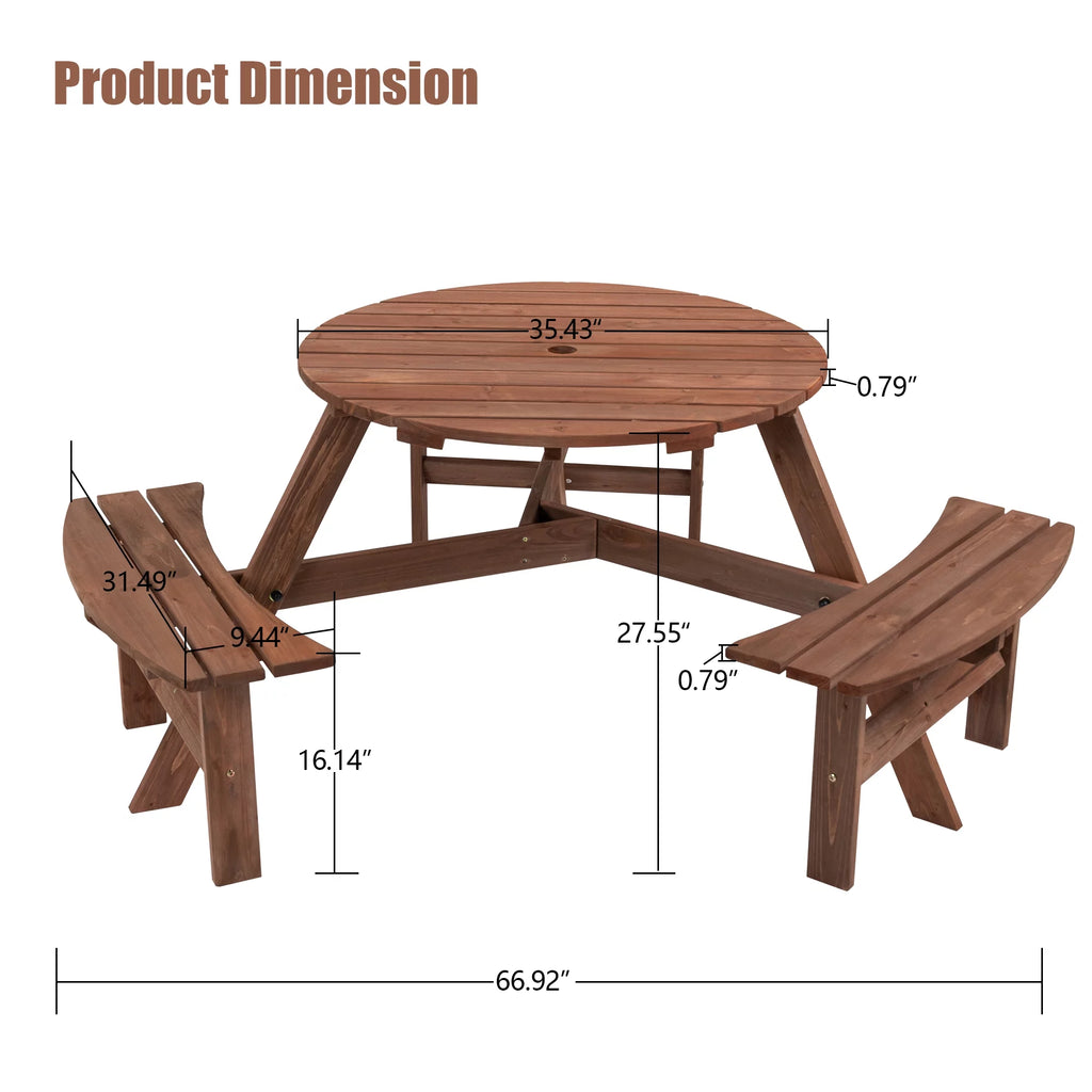 6-Person Circular Wooden Picnic Table with 3 Built-in Benches R893